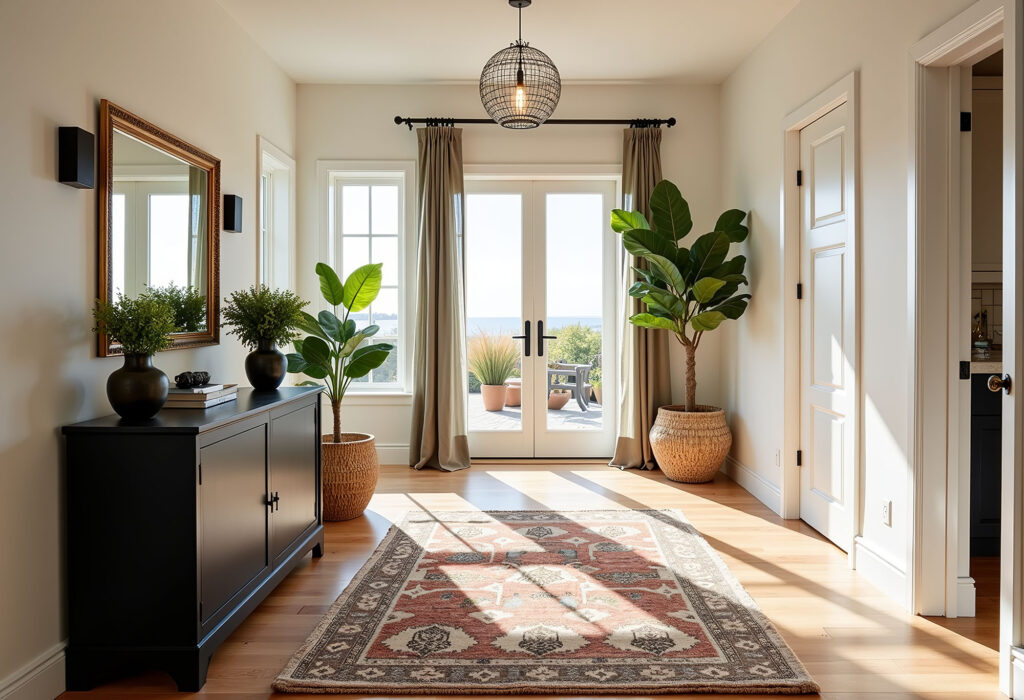 Patterned area rug in an entryway