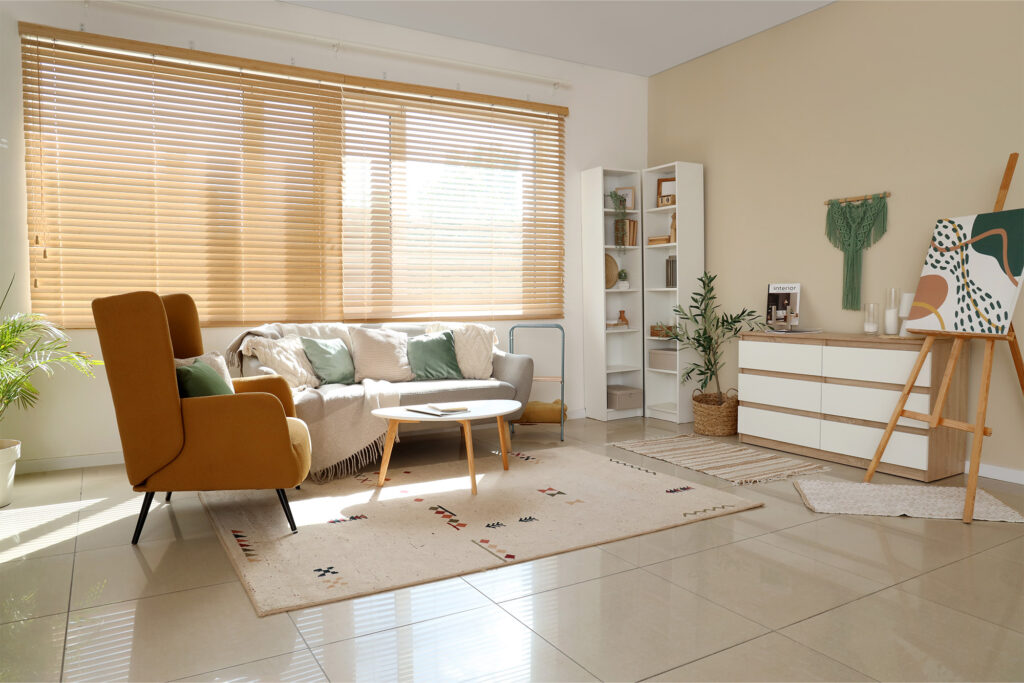 Large format tile flooring in a modern living room