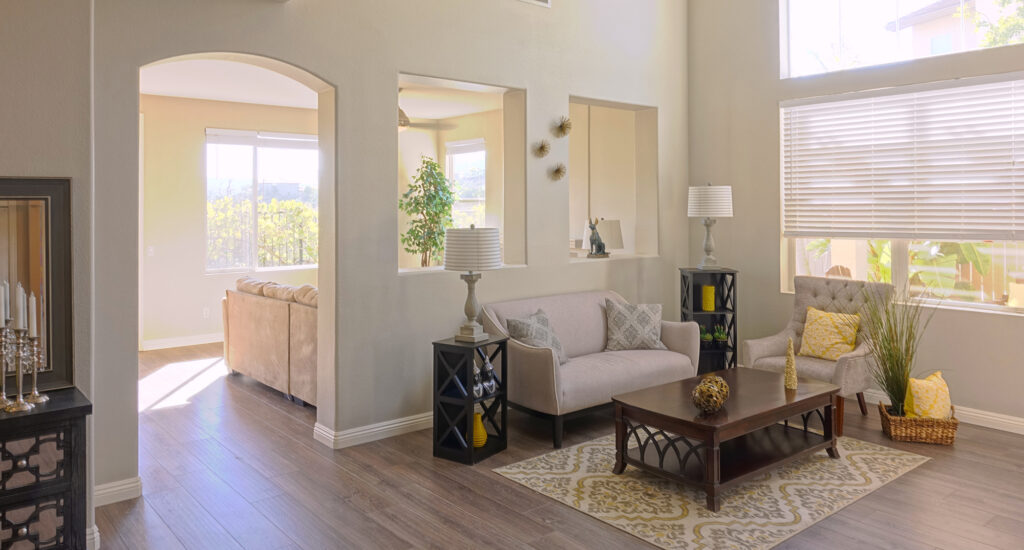 Patterned area rug over wood look flooring in a rental style living room