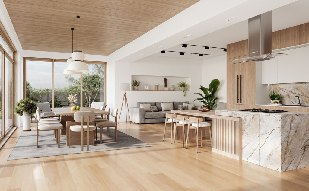 Alt: Open concept living and dining room with a rug anchoring each furniture grouping